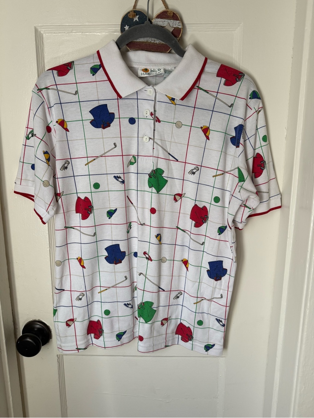 Kids' White Golf Print Polo with Red Trim